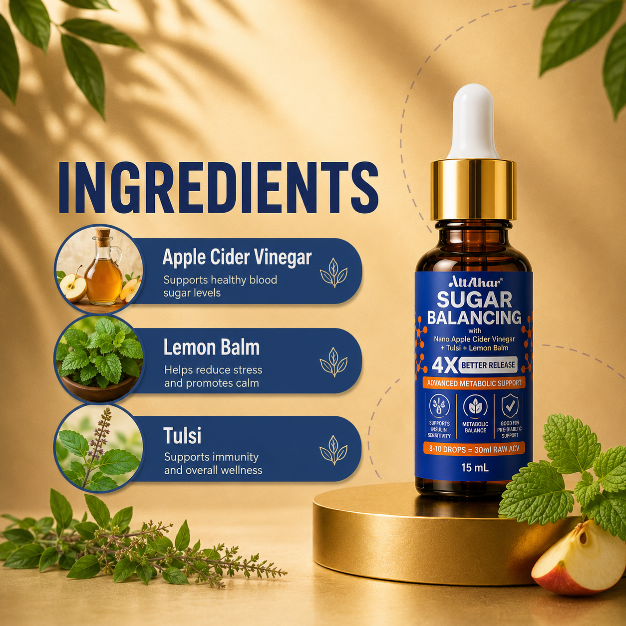 AltAhar Sugar Balancing Drops | Nano Apple Cider Vinegar + Tulsi + Lemon Balm | Advanced Metabolic Support