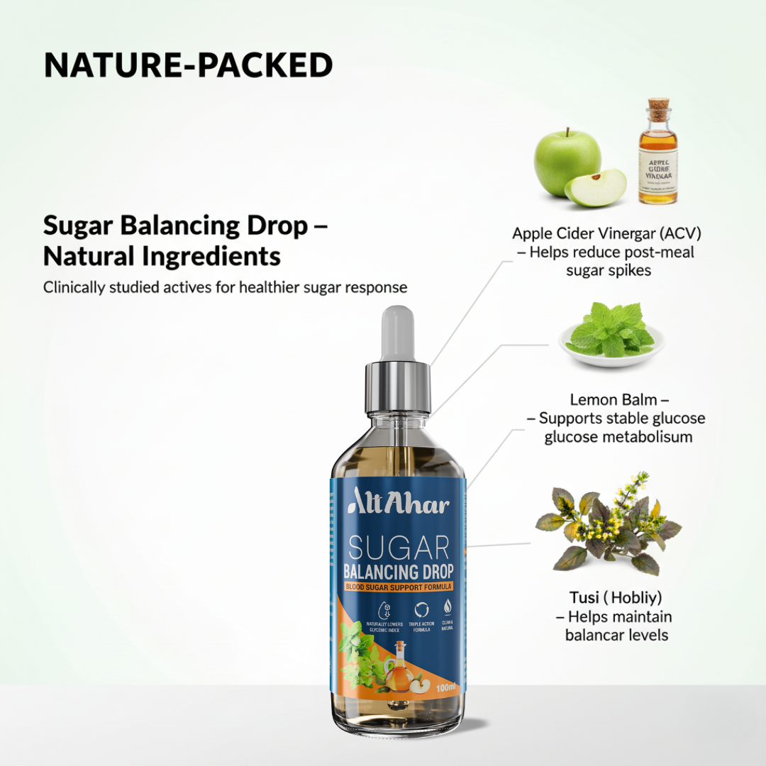 Bottle of 'Sugar Balancing Drop' with natural ingredients labeled on a white background